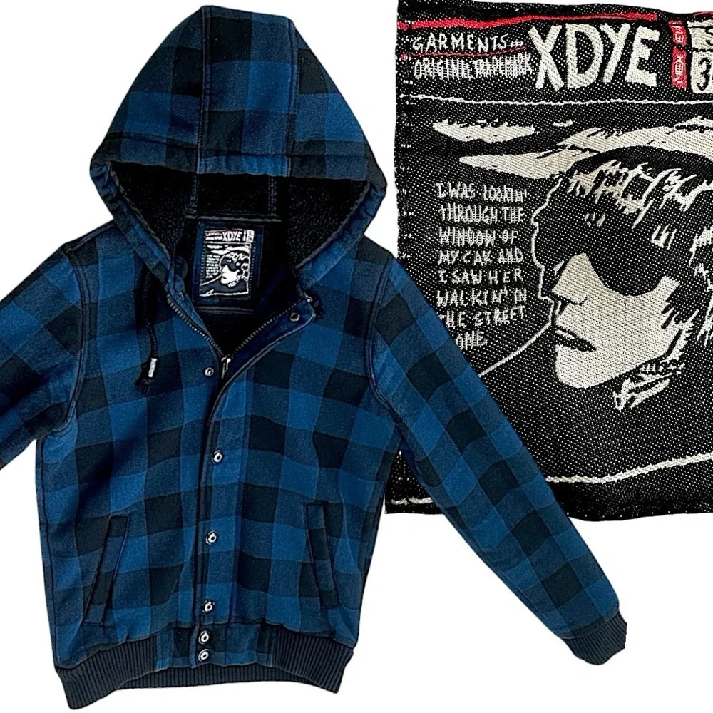 Vintage XDYE 90s Boys Blue Black Buffalo Plaid Hooded Zip Jacket Heavy Sz Small